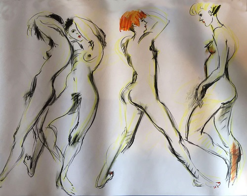 4 nudes - framed, wooden frame
Life drawing in Caran D'Ache oil pencils
(Ref 2)